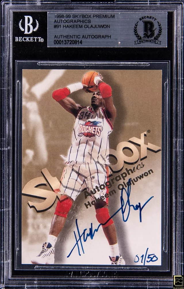 1998-99 SkyBox Premium Hakeem Olajuwon Autographics Blue #91 card image