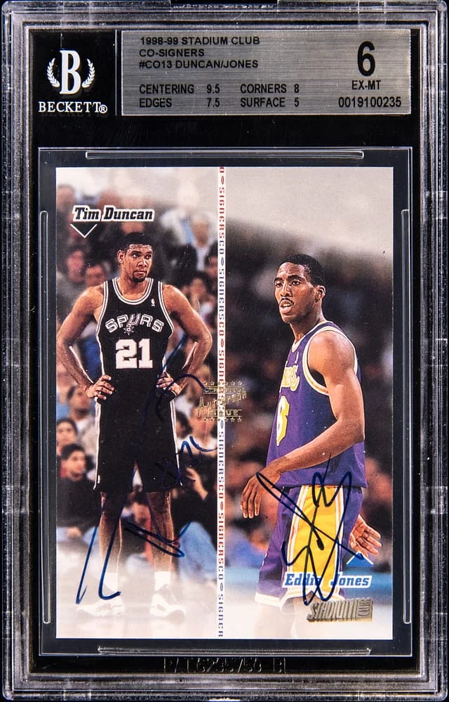 1998-99 Topps Stadium Club Tim Duncan/Eddie Jones Multi-Signed Co-Signers #CO-13 card image