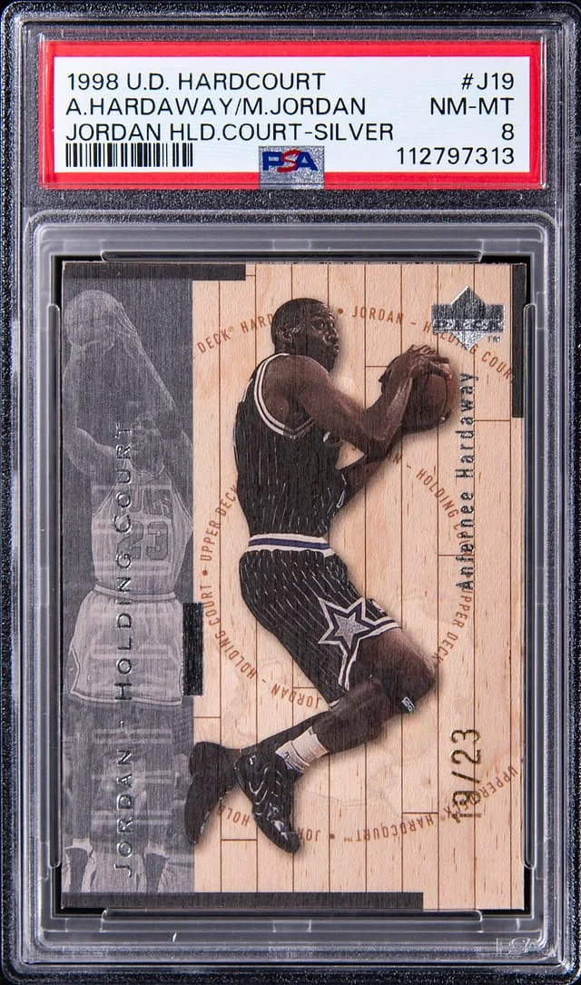1998-99 Upper Deck Hardcourt Anfernee Hardaway/Michael Jordan Jordan Holding Court Silver #J19 card image