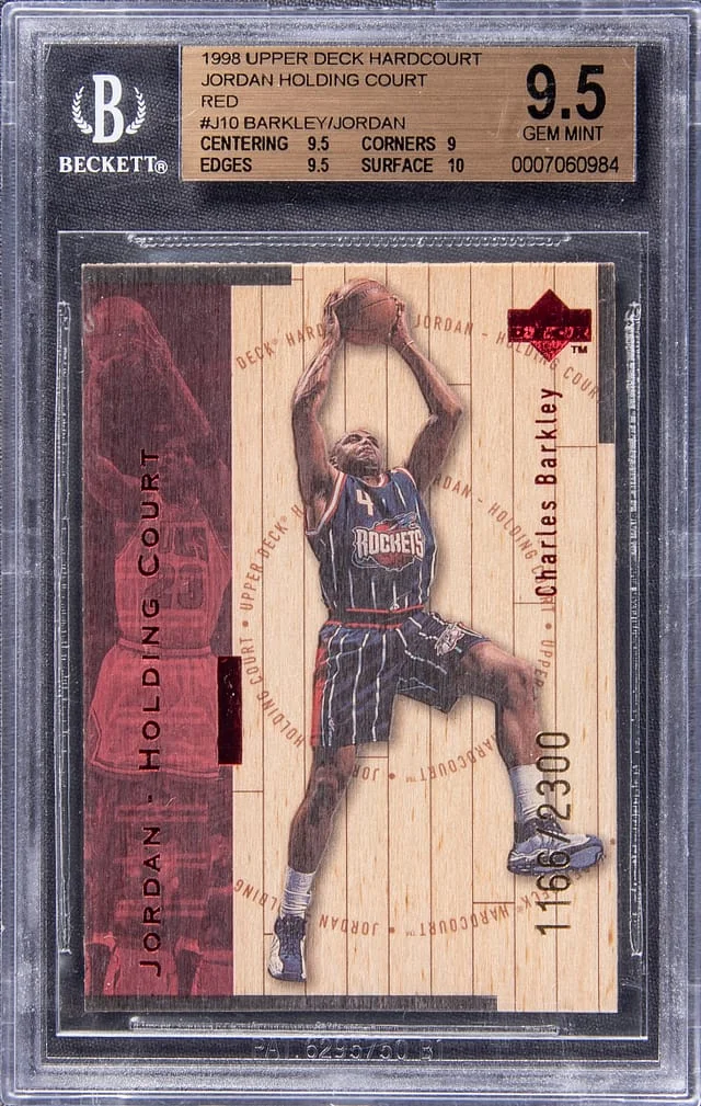 1998-99 Upper Deck Hardcourt Charles Barkley/Michael Jordan Jordan Holding Court Red #J10 card image