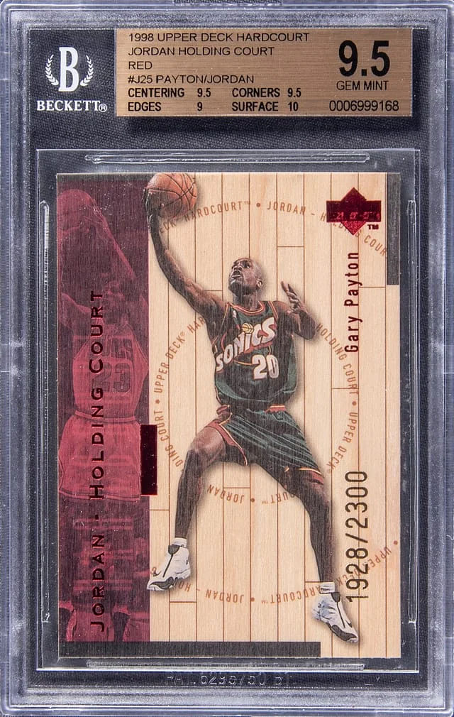 1998-99 Upper Deck Hardcourt Gary Payton/Michael Jordan Jordan Holding Court Red #J25 card image