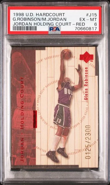 1998-99 Upper Deck Hardcourt Glenn Robinson/Michael Jordan Jordan Holding Court Red #J15 card image