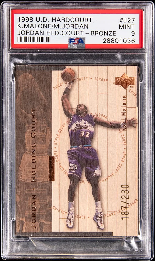 1998-99 Upper Deck Hardcourt Karl Malone/Michael Jordan Jordan Holding Court Bronze #J27 card image
