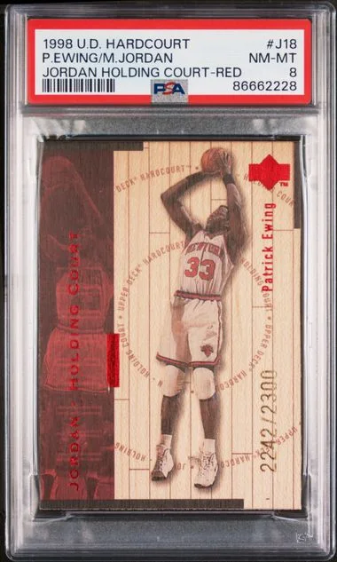 1998-99 Upper Deck Hardcourt Michael Jordan/Patrick Ewing Jordan Holding Court Red #J18 card image