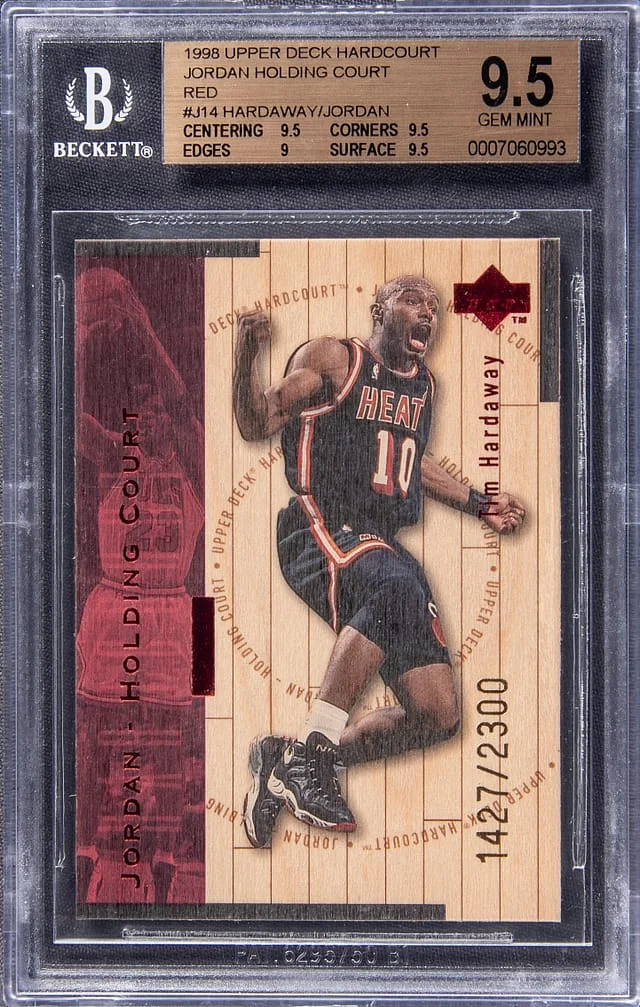 1998-99 Upper Deck Hardcourt Michael Jordan/Tim Hardaway Jordan Holding Court Red #J14 card image