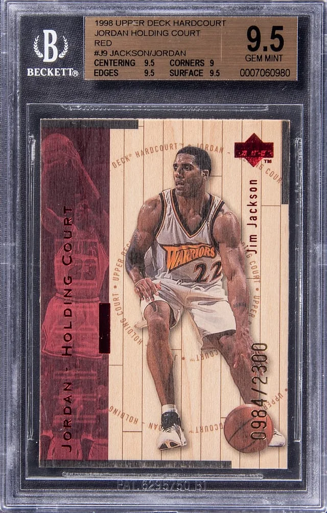 1998-99 Upper Deck Jim Jackson/Michael Jordan Hard Court Jordan Holding Court Red #J9 card image