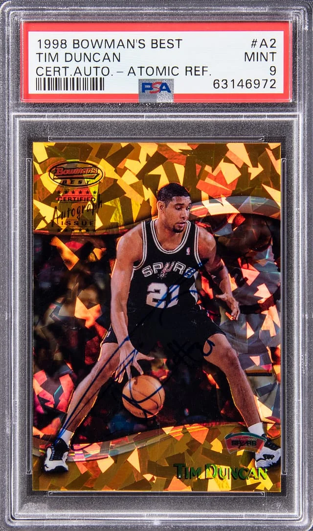1998 Bowman's Best Tim Duncan Certified Autograph Atomic Refractor #A2 card image