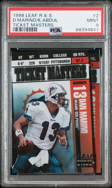 1998 Leaf Rookies & Stars Dan Marino/Karim Abdul-Jabbar Ticket Masters #2 card image