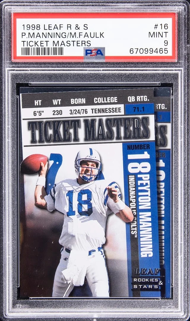 1998 Leaf Rookies & Stars Peyton Manning/Marshall Faulk Ticket Masters #16 card image