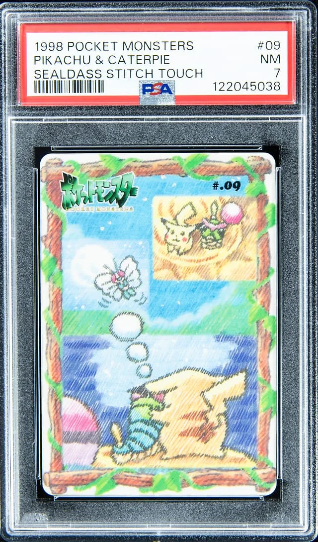1998 Pocket Monsters Sealdass Stitch Touch Pikachu & Caterpie #09 card image