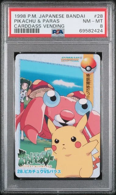1998 Pokemon Japanese Bandai Carddass Vending Pikachu & Paras #28 card image