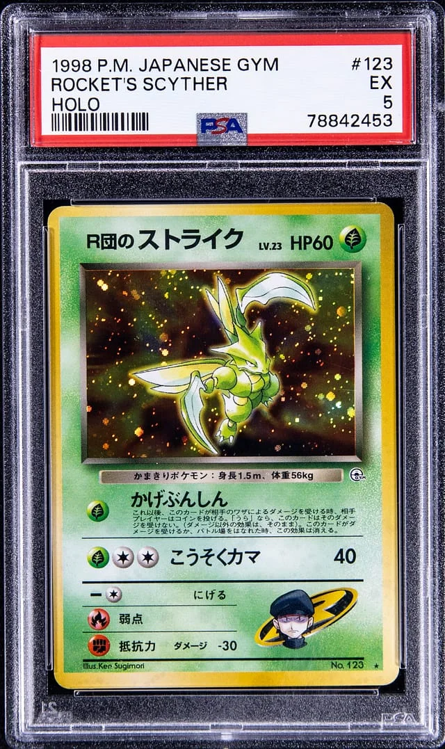 1998 Pokemon Japanese Gym Rare Holofoil Rocket's Scyther #123 card image