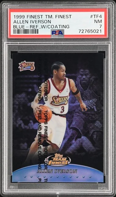 1999-00 Topps Finest Allen Iverson (009/150) Team Finest Blue Refractors With Coating #TF4 card image