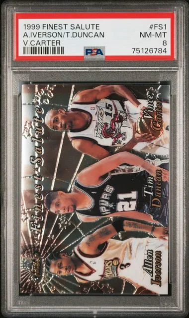 1999-00 Topps Finest Allen Iverson/Tim Duncan/Vince Carter Salute #FS1 card image