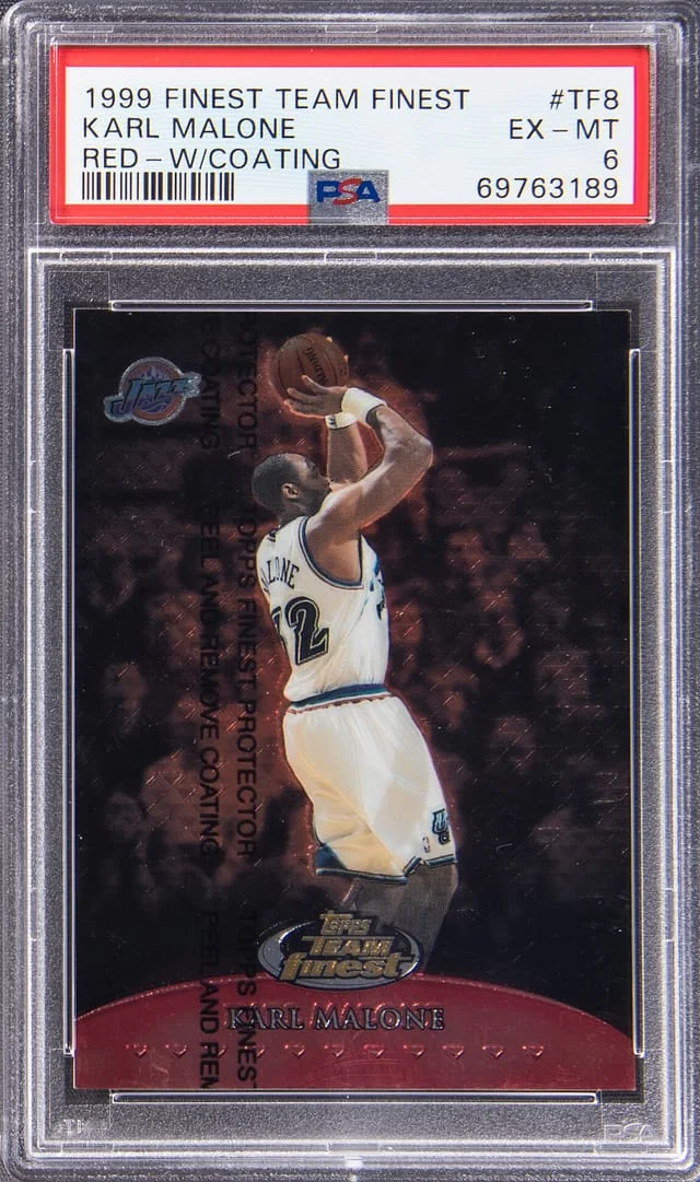 1999-00 Topps Finest Karl Malone Team Finest Red W/ Coating #TF8 card image