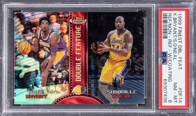 1999-00 Topps Finest Kobe Bryant/Shaquille O'Neal Double Feature Non-Refractor With Coating/Refractor #DF14 card image