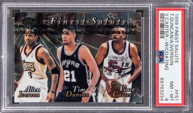 1999-00 Topps Finest Tim Duncan/Allen Iverson/Vince Carter Salute W/ Coating #FS1 card image