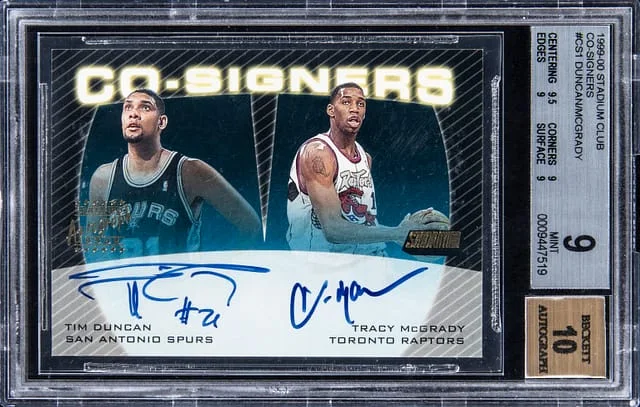1999-00 Topps Stadium Club Tim Duncan/Tracy Mcgrady Dual Co-Signers #CS1 card image