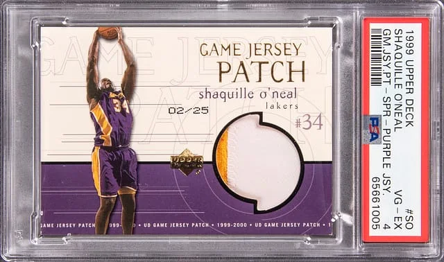 1999-00 Upper Deck Game Jersey Shaquille O'Neal Game-Used Patches Super Purple Jersey #SO card image