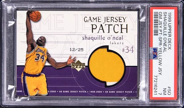 1999-00 Upper Deck Game Jersey Shaquille O'Neal Patch SPR - Yellow Jersey #SO card image