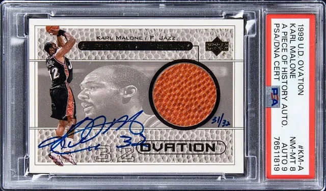 1999-00 Upper Deck Ovation Karl Malone A Piece of History Autographs #KM-A card image