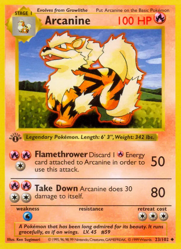 1999 Base Arcanine Uncommon #023/102 Uncommon card image