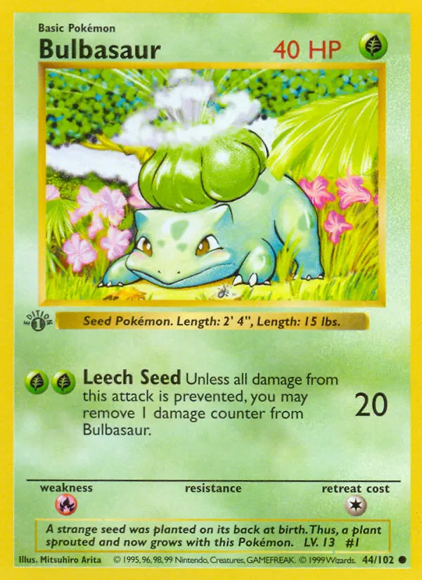 1999 Base Bulbasaur Common #044/102 Common card image