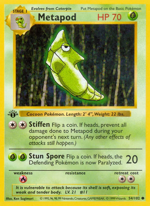 1999 Base Metapod Common #054/102 Common card image