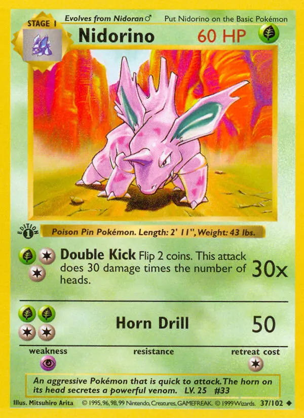1999 Base Nidorino Uncommon #037/102 Uncommon card image
