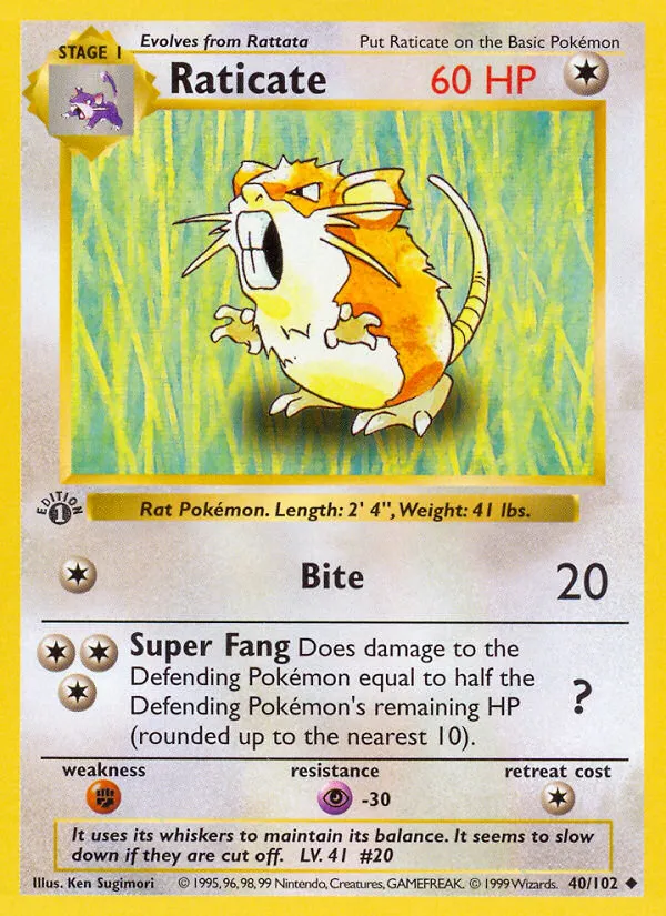 1999 Base Raticate Uncommon #040/102 Uncommon card image