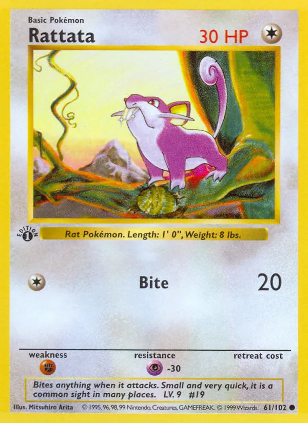 1999 Base Rattata Common #061/102 Common card image