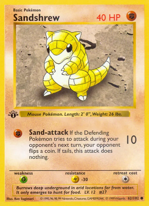 1999 Base Sandshrew Common #062/102 Common card image