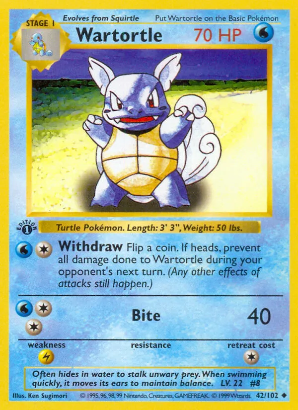1999 Base Wartortle Uncommon #042/102 Uncommon card image