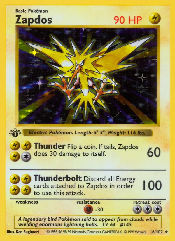 1999 Base Zapdos Rare Holo #016/102 Rare Holo card image