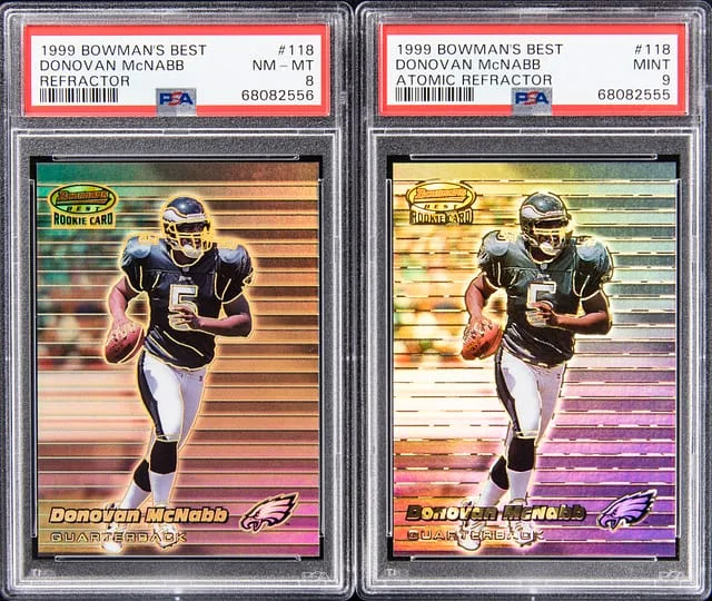 1999 Bowman's Best Donovan McNabb Lot of (2) Refractor and Atomic Refractor #118 card image