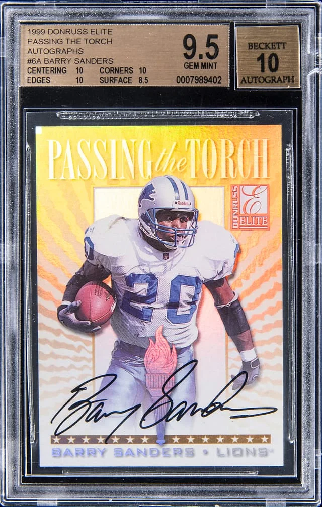 1999 Donruss Elite Barry Sanders Passing the Torch Autographs #6 card image