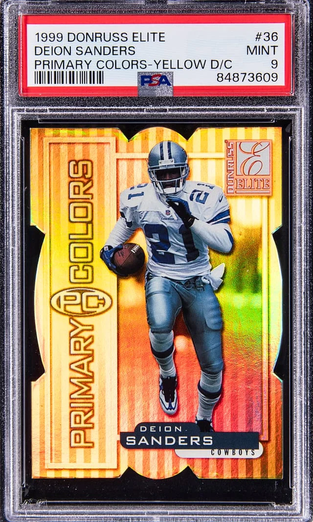 1999 Donruss Elite Deion Sanders Primary Colors Yellow Die-Cut #36 card image