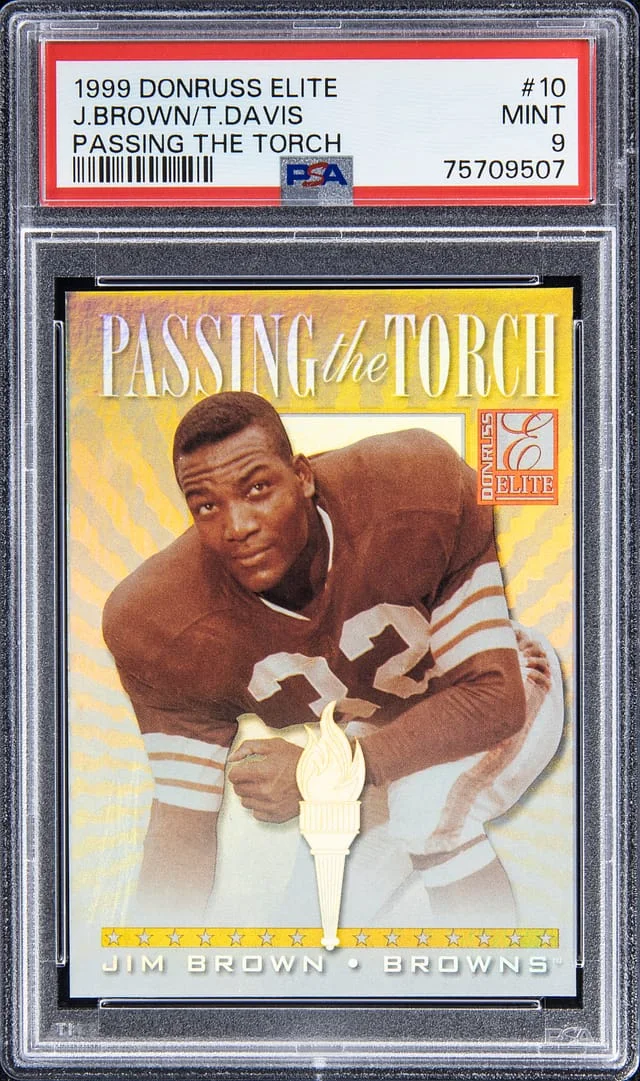 1999 Donruss Elite Jim Brown, Terrell Davis Passing The Torch #10 card image