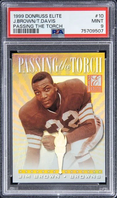 1999 Donruss Elite Jim Brown/Terrell Davis Passing The Torch #10 card image