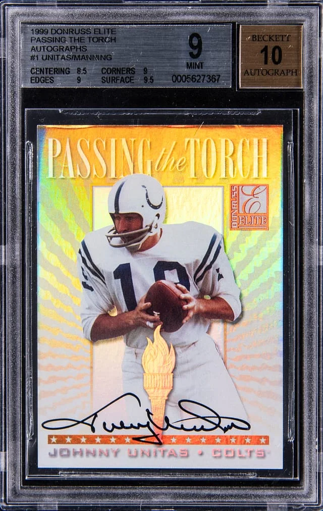 1999 Donruss Elite Johnny Unitas/Peyton Manning Passing The Torch Autographs #1 card image