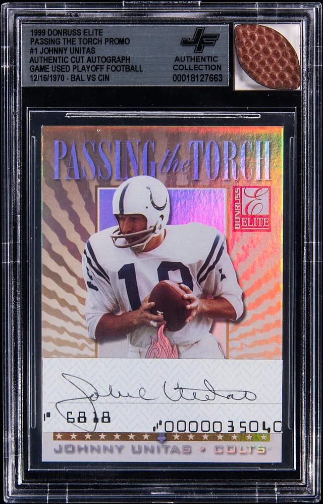 1999 Donruss Elite Johnny Unitas/Peyton Manning Authentic Cut Passing The Torch #1 card image