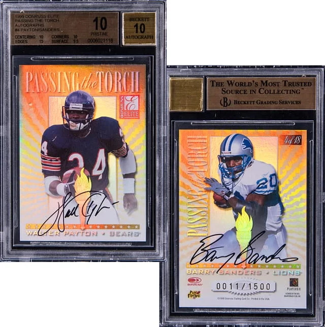 1999 Donruss Elite Walter Payton/Barry Sanders Passing the Torch Autographs #4 card image