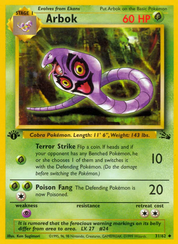 1999 Fossil Arbok Uncommon #31/62 Uncommon card image