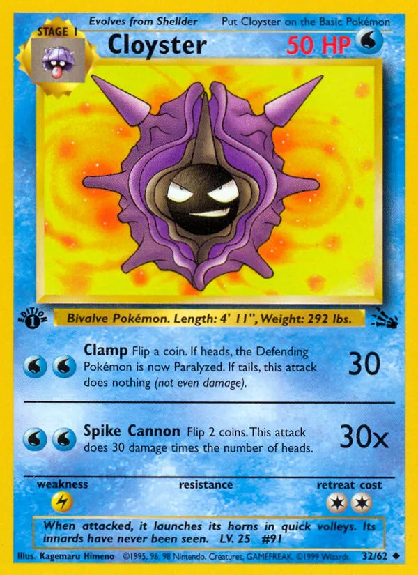 1999 Fossil Cloyster Uncommon #32/62 Uncommon card image