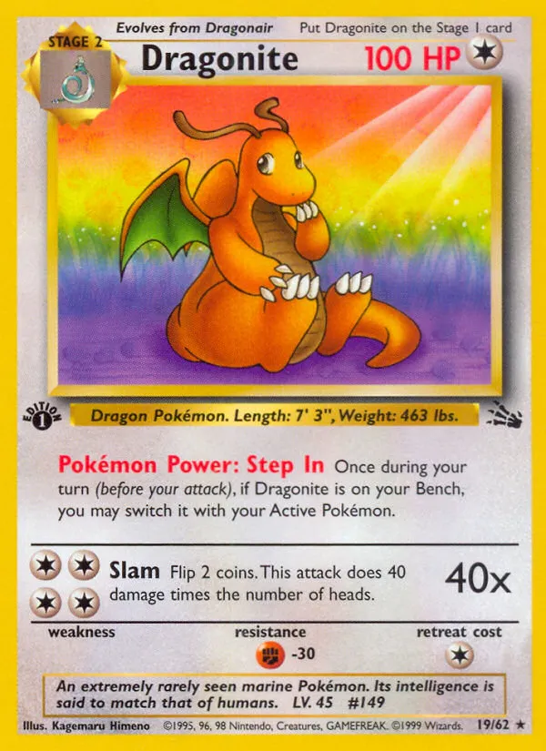 1999 Fossil Dragonite #19/62 Rare card image