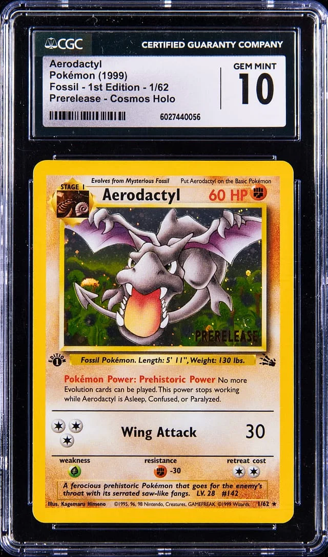 1999 Fossil Edition Prerelease Cosmos Holo Aerodactyl #1st card image