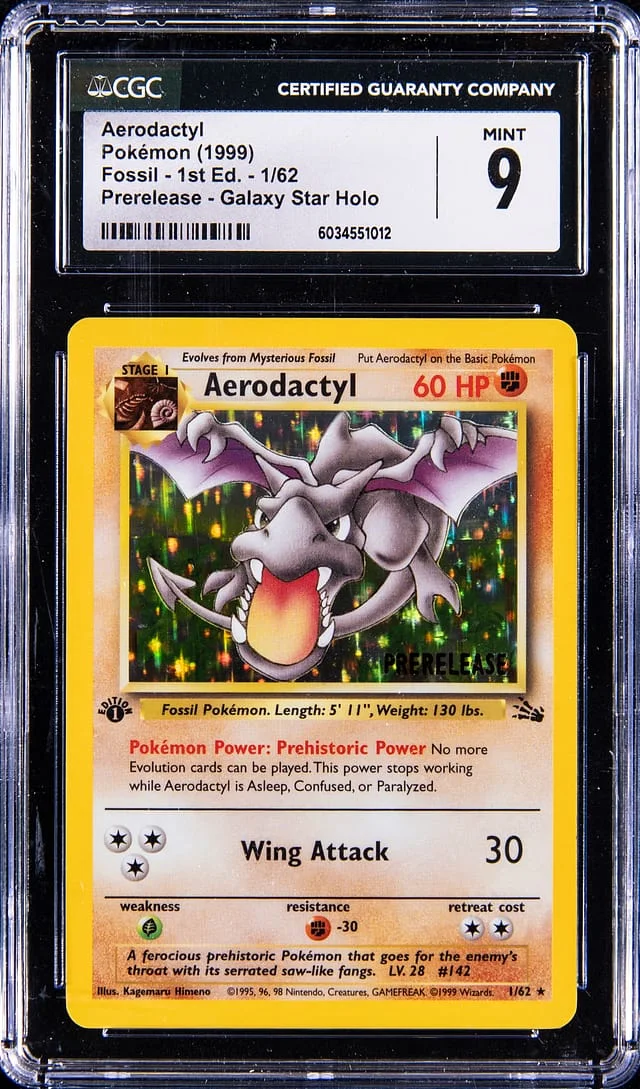 1999 Fossil Edition Prerelease Galaxy Star Holo Aerodactyl #1st card image