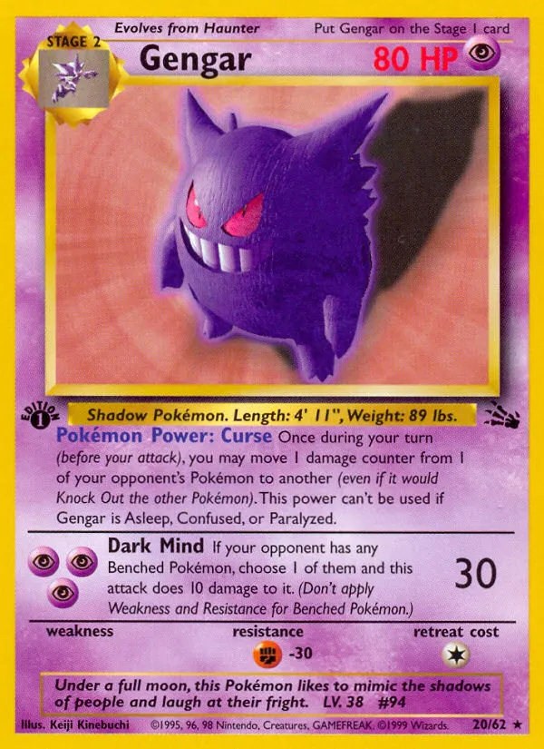 1999 Fossil Gengar #20/62 Rare card image