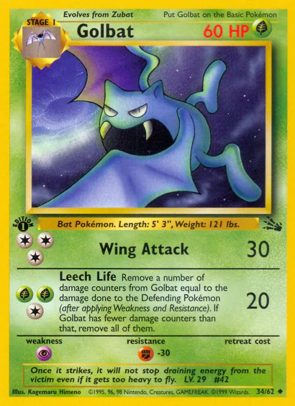 1999 Fossil Golbat Uncommon #34/62 Uncommon card image
