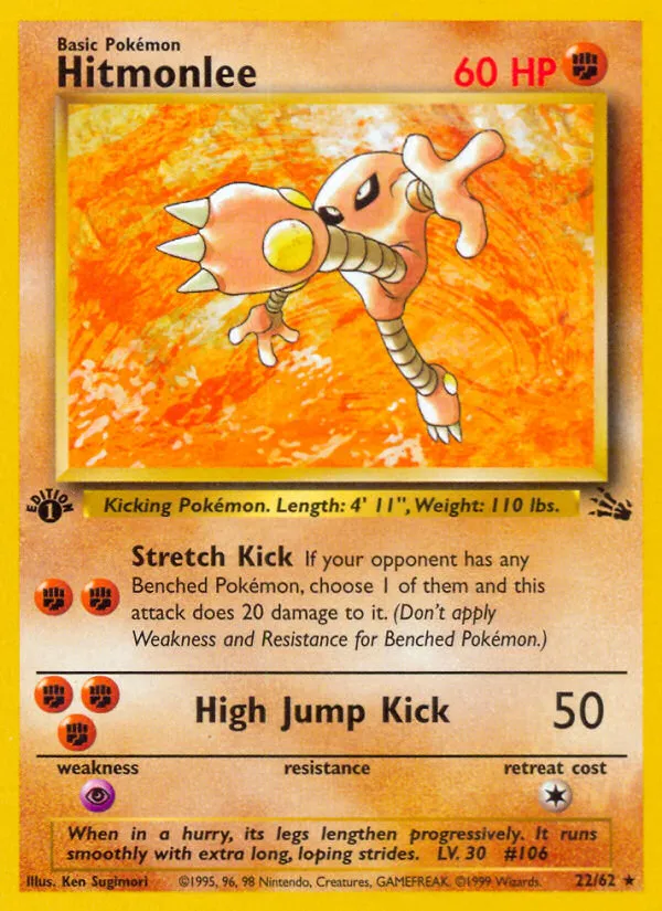 1999 Fossil Hitmonlee #22/62 Rare card image